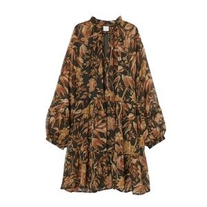 H&M Wide-cut‎ Chiffon Dress Size 6  US Green Beige Floral Long Balloon Sleeves